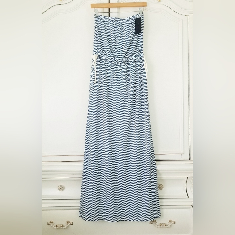 Tommy Hilfiger Blue White Chevron Strapless Rope Tie Knit Maxi Dress XS NWT